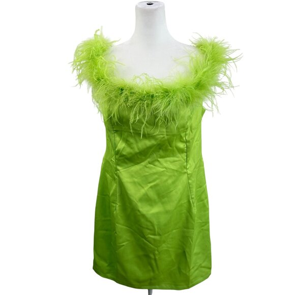 Boohoo Occasion Lime Green Feather Trim Off the Shoulder Mini Dress - Picture 2 of 8